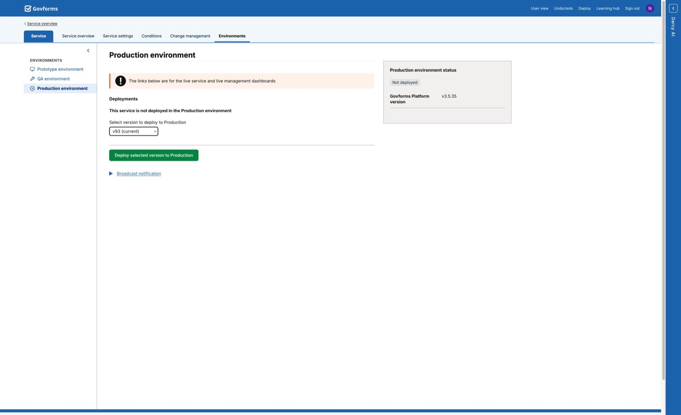 Production environment screen with version selector, deployment action and environment status