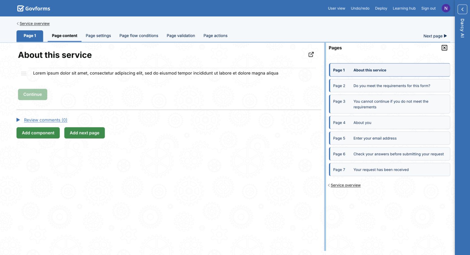 Page design screen with page list and editing controls.