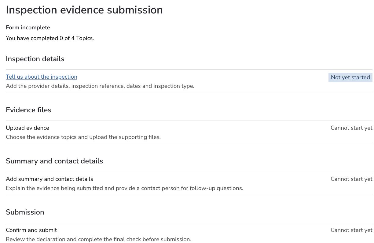 Inspection evidence task list showing inspection details, file upload, contact details and submission sections