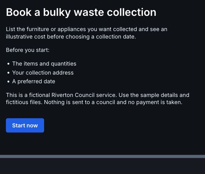Bulky waste collection start page in the fictional Riverton demo