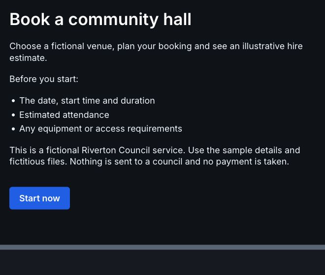 Community hall booking start page in the fictional Riverton demo