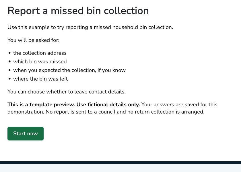 Missed bin collection template preview start page