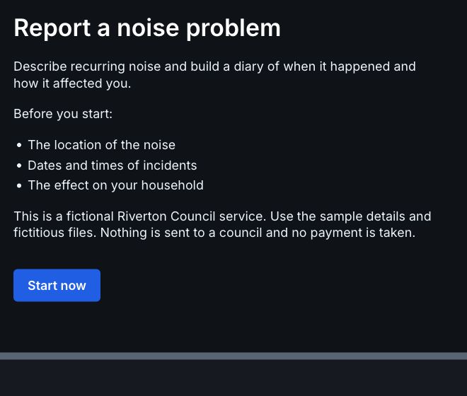 Noise report start page in the fictional Riverton demo