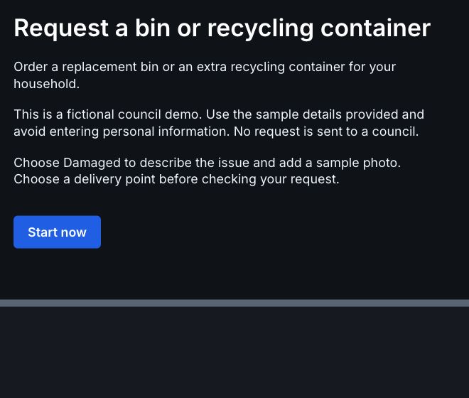 Replacement bin start page in the fictional Riverton demo