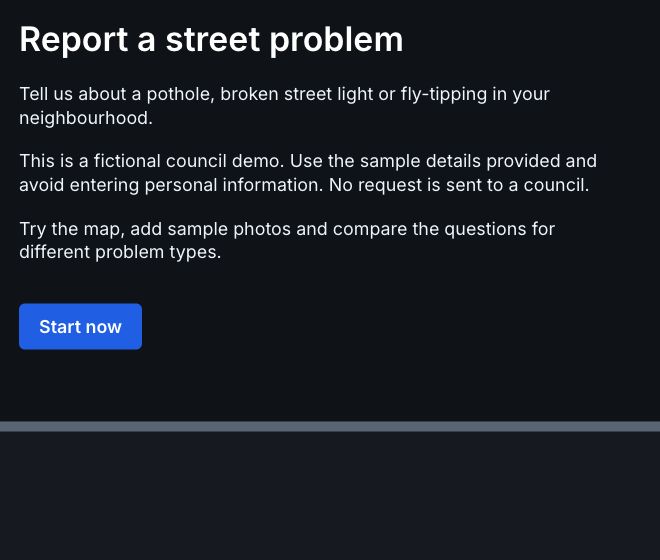 Street problem report start page in the fictional Riverton demo