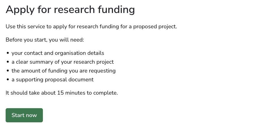 Research funding application start page listing project details, funding amount and supporting documents needed
