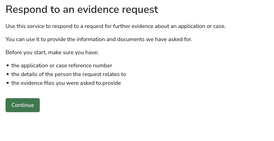 Evidence request response start page listing the case reference, applicant details and requested files